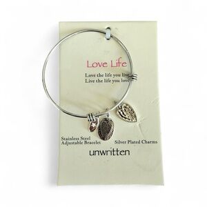 Unwritten Heart Silver Plated Charm Bangle Bracelet Adjustable Love Life